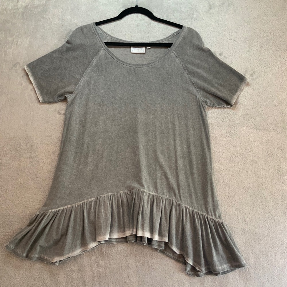 Dantelle Grey Mineral Wash Ruffle Hem Tunic Top Short Sleeve Boho Size L